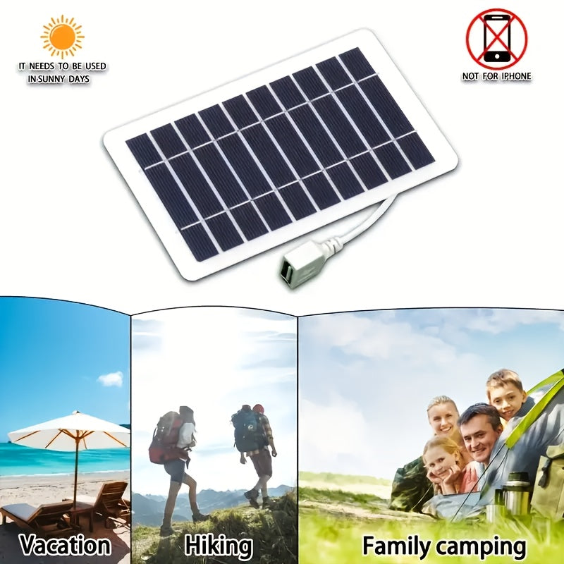 Mini painel solar portátil para carregamento de celulares, caixa de som e afins. Conexão através de cabo USB. Ideal para locais sem disponibilidade de energia elétrica: piscinas, clubes, acampamentos, uso doméstico, etc. Frete grátis.