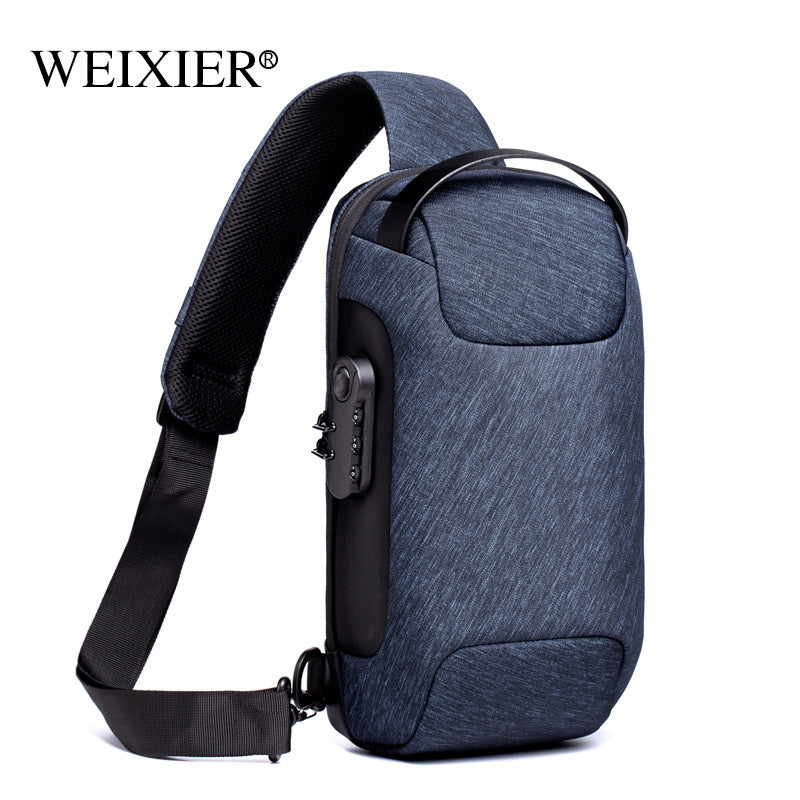 Bolsa masculina de viagem transversal de ombro, versátil e antifurto. Material à prova d'água. Conexão USB para carregamento via powerbank.