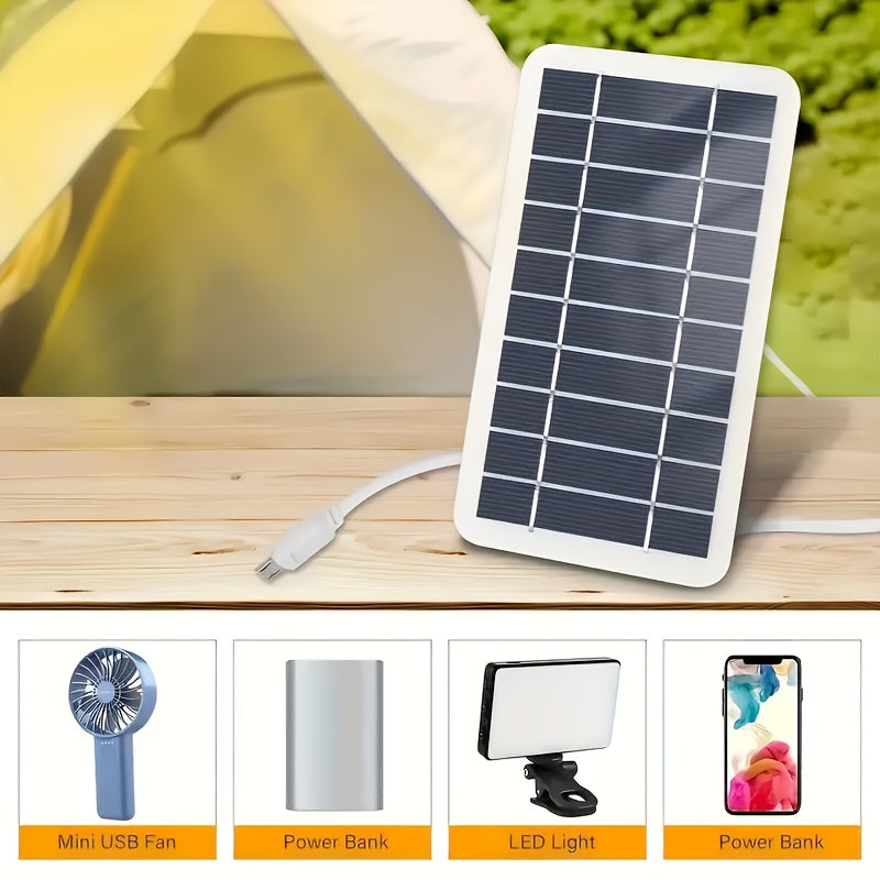 Mini painel solar portátil para carregamento de celulares, caixa de som e afins. Conexão através de cabo USB. Ideal para locais sem disponibilidade de energia elétrica: piscinas, clubes, acampamentos, uso doméstico, etc. Frete grátis.