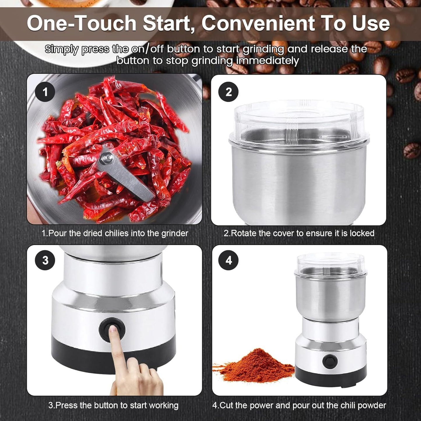 Mini moedor de grãos (café e outros) elétrico de alta velocidade, de fácil manuseio uso em casa e no trabalho. Conta com tecnologia anti-contaminação para preservar o aroma e a pureza do café.