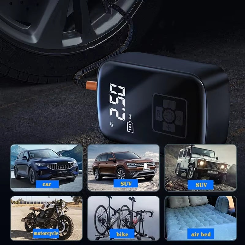 Compressor de ar, sem fios, ideal para carros, bicicletas, bolas.     Frete grátis
