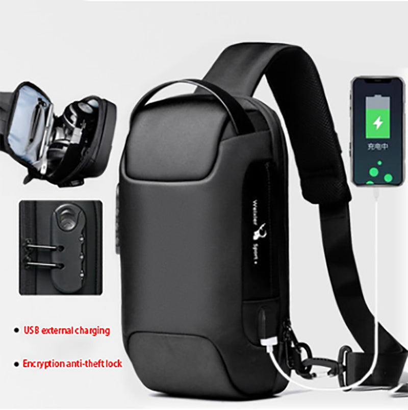 Bolsa masculina de viagem transversal de ombro, versátil e antifurto. Material à prova d'água. Conexão USB para carregamento via powerbank.
