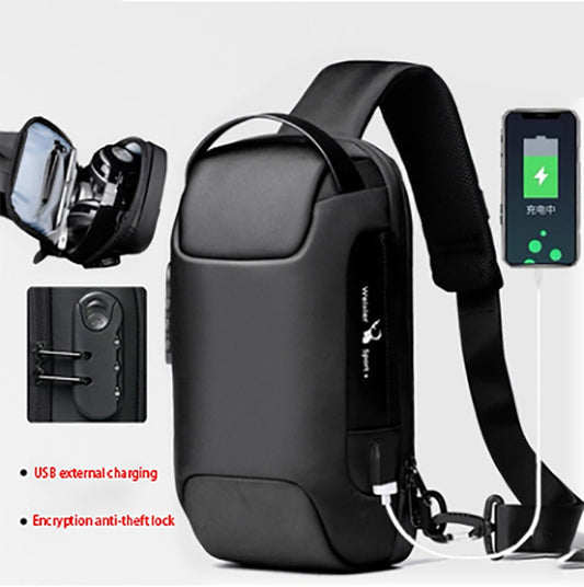 Bolsa masculina de viagem transversal de ombro, versátil e antifurto. Material à prova d'água. Conexão USB para carregamento via powerbank.