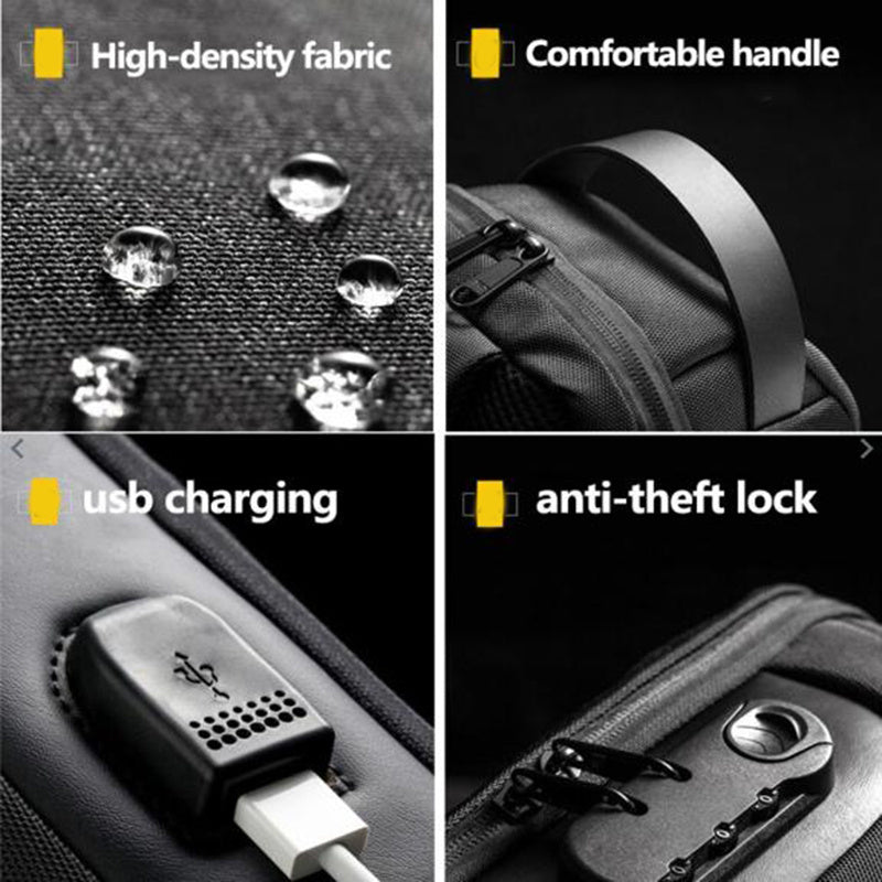 Bolsa masculina de viagem transversal de ombro, versátil e antifurto. Material à prova d'água. Conexão USB para carregamento via powerbank.