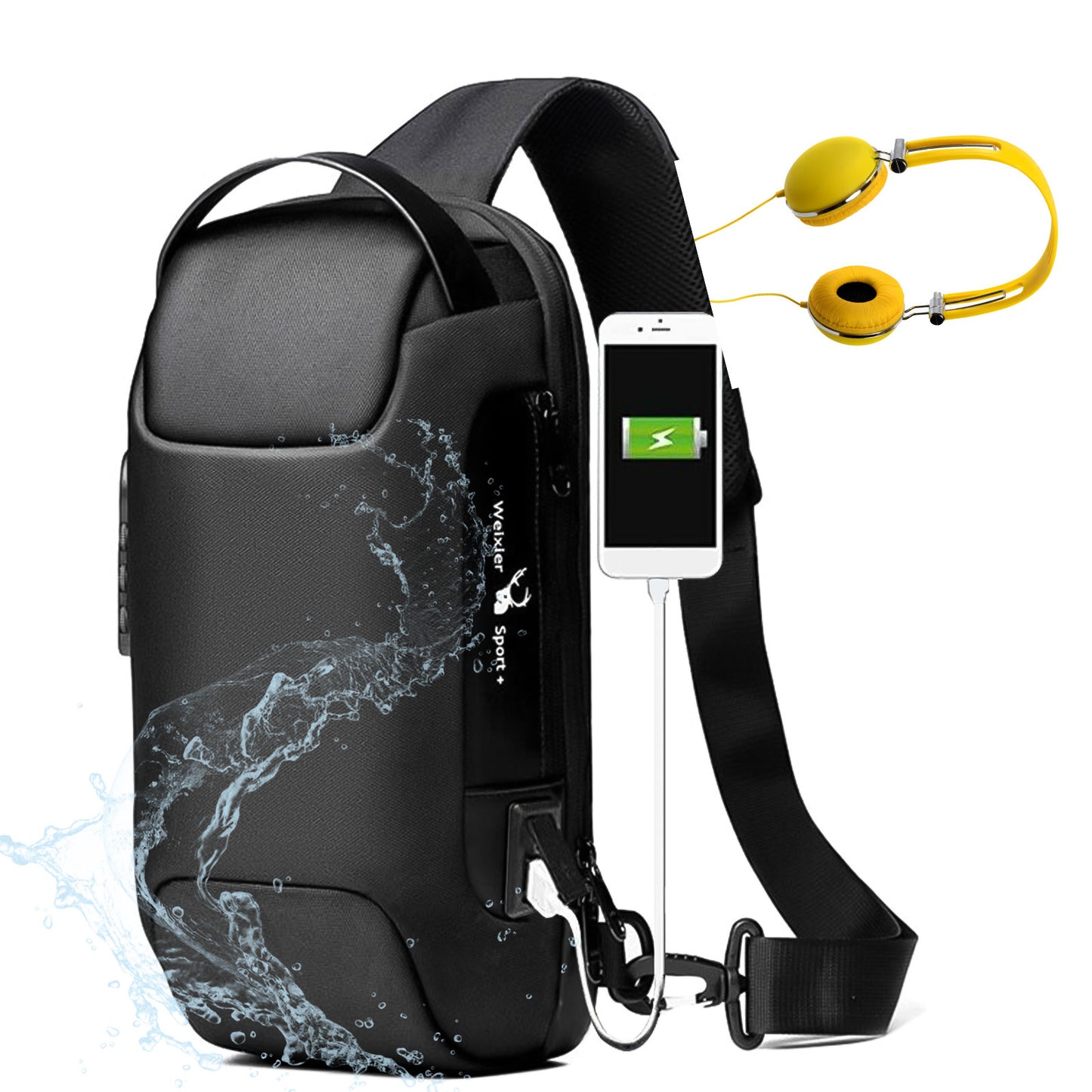 Bolsa masculina de viagem transversal de ombro, versátil e antifurto. Material à prova d'água. Conexão USB para carregamento via powerbank.