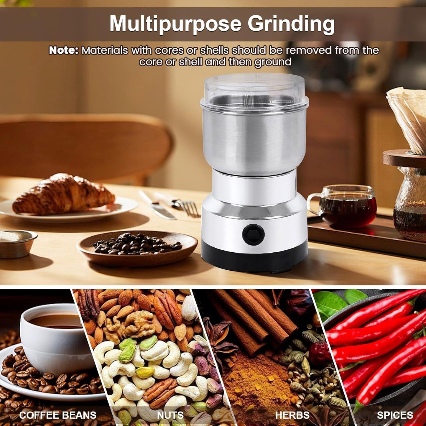 Mini moedor de  grãos (café e outros) elétrico de alta velocidade, de fácil manuseio uso em casa e no trabalho. Conta com tecnologia anti-contaminação para preservar o aroma e a pureza do café.